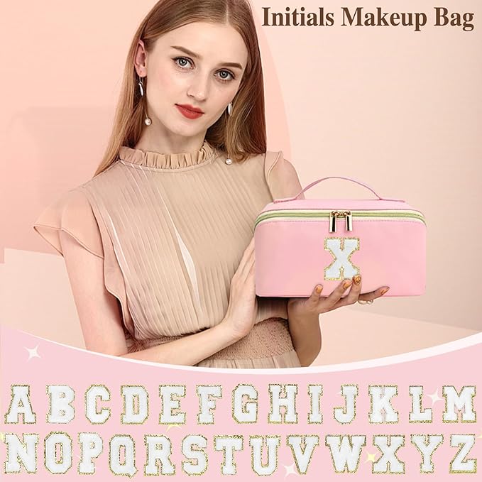 for Christmas Day Gifts, Makeup Bag for Women, PU Leather Travel Toiletry Bags, Initial Make Up Cosmetic Pouch for Teen Girls, Wide Open Portable Skincare Bag, Personalized Birthday Gifts, Pink L