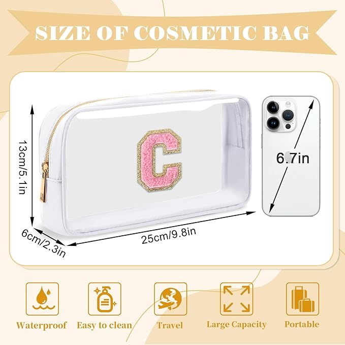 Personalized Initial Letter Clear Makeup Bag,Preppy Small Nylon&PVC Cosmetic Zipper Bag with Chenille Letter,Travel Skincare Toiletry Bag,Monogram Christmas Gift for Teen Girls Women,C