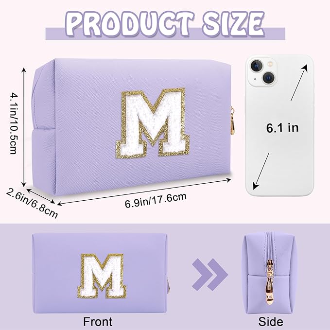 Small Travel Initial Preppy Makeup Bag, Personalized Cute Purple Chenille Letter Cosmetic Organizer Travel Toiltery Zipper Pouch, Waterproof PU Make Up Case Storage Mothers Day Gifts for Mom(Letter M)