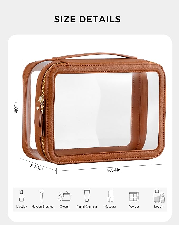 HBlife Clear Makeup Bag Organizer, Portable Travel Toiletry Cosmetic Bag Case for Women, Large Make Up Bag Makeup Train Case Transparent Storage Bag Pouch with Handle(Brown)