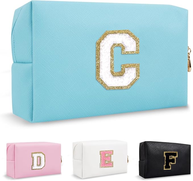 Personalized Initial Preppy Makeup Bag, Small Blue Cute Toiletry Pouch Monogram Cosmetic Travel Organizer with Zipper, PU Waterproof Glitter Make Up Case Gifts for Female Coworker Friends(Letter C)