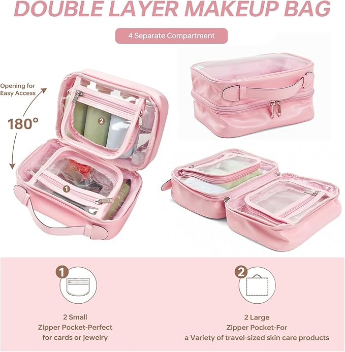 GEMIU Clear Makeup Bag Toiletry Bag for Women 4 Compartments Travel Cosmetic Case Large Capacity Waterproof Skincare Pouch Organizers with Zippe Deep Pink
