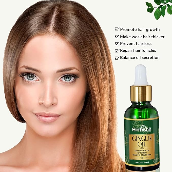 Herbishh Ginger Essential Oil (2 x 30ml) for Hair Growth, Non Sticky, Hair Growth Serum Oil for Thicker, Strong and Glossier Hair, with Dropper