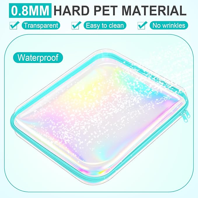 Hoolerry 3 Pcs Clear Hard Zipper Case Plastic Pouch Transparent Hard Case Clear Makeup Bag Portable Travel Organizer Bin for Cosmetics, Building Blocks, Puzzles(Laser,L)