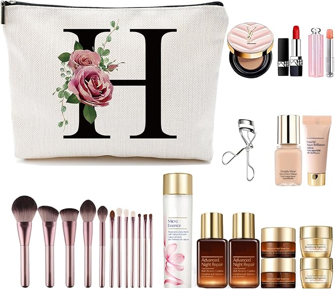 Initial A-Z Personalized Letter Makeup Bag, Monogrammed Bridesmaid Gifts/Presents Cosmetic Bag, Portable Stationery Storage Organizer Pouch, Friendship Love Travel Makeup Bags