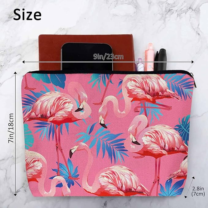 Flamingo Makeup Bag For Women, Adorable Cosmetic Pouch With Tropical Leaves Palms Pattern, Pink Zipper Travel Toiletry Organizer For Gym and Bathroom