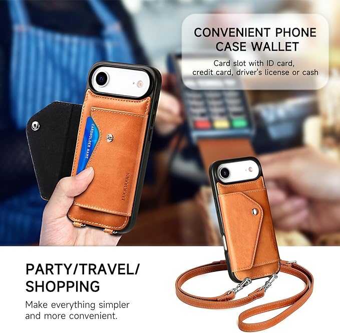 LUCKYCOIN Crossbody Wallet Phone Case for iPhone Air,100% Genuine Leather Wallet Phone Case with Expandable Flip Card Holder,Phone Purse for Women with Adjustable Removable Strap - Tan