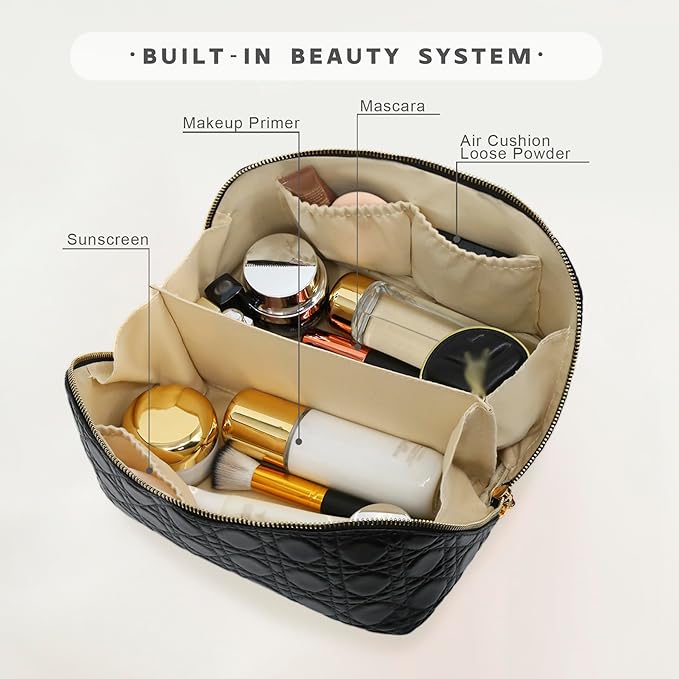 Travel Makeup Bag – Large Cosmetic Organizer with Waterproof PU Leather, Smooth Double Zipper & Tear-Resistant Lining, Toiletry Pouch for Women (Black)