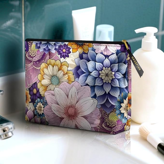Cute Makeup Bag for Purse Waterproof Cosmetic Bags for Women Funny Smooth Zipper Travel Toiletry Pouch 10X8 Inches-Purple Boho Floral Makeup pouch