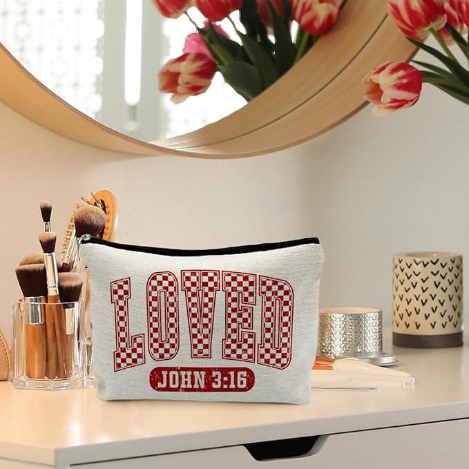 Loved John 3:16 Bible Verse Makeup Bag, Trendy Christian Cosmetic Bags for Women, Christian Gifts for Women Makeup Pouch, Faith Based Gifts Zipper Pouch