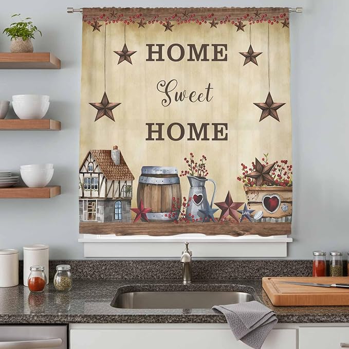 Farm Sheer Curtains 108 Inch Length American Country Barn Star Vintage Berry - Image 8