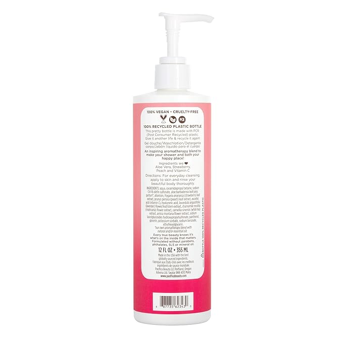 Pacifica Beauty Strawberry Peach Body Wash with Pump, Bath and Shower Gel, Aloe, Vitamin C, Moisturizing, Hydrating, Cleansing, Soothing, Rejuvanating, Inspiring, Vegan, 12 fl oz (1 Count)