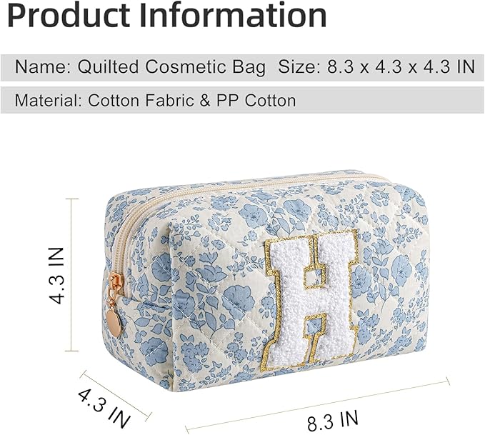 Gleyemor Personalized Initial Makeup Bag for Women, Cute Quilted Blue Floral Cotton Cosmetic Bag, Christmas Gifts for Her Mom Friend Sister Bridesmaid Teacher Women H