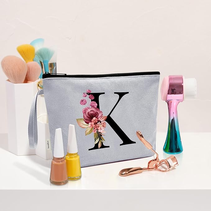 Vavabox A-Z Personalized Makeup Bag, Birthday Gifts for Women Mom, Gifts for Best Friend, Bride Bridesmaid Cosmetic bag (K, Grey)