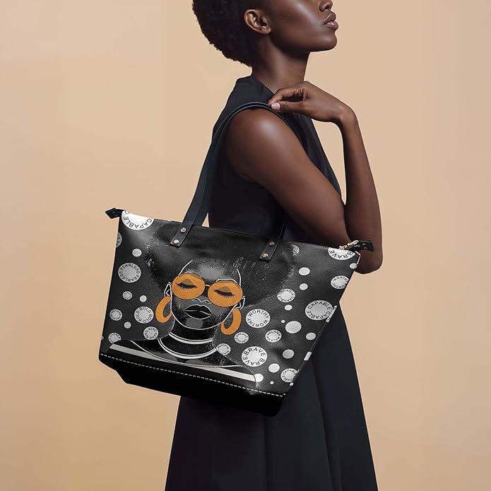 African Black Women's Leather Tote Bag, Large, Premium Vegan Leather, Full Zip, Perfect Christmas Gifts For Women