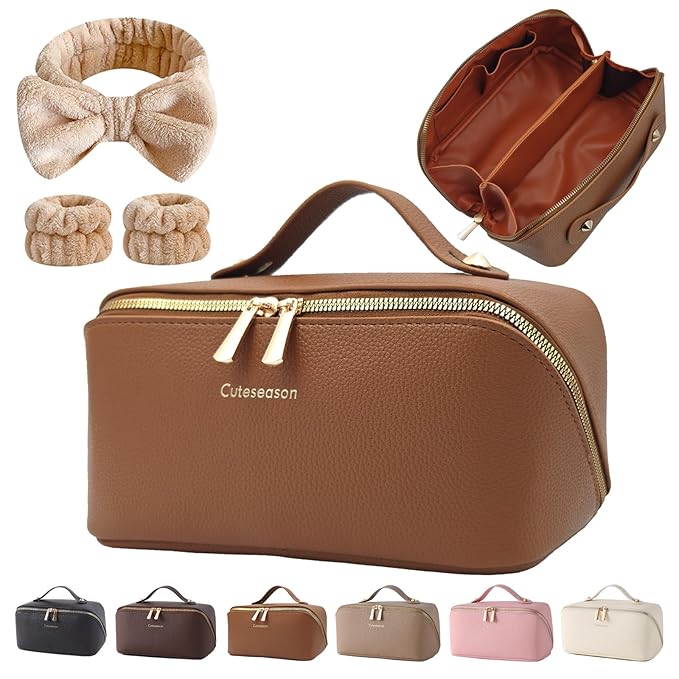 Makeup Bag, Travel Toiletry Bag for Women, Large Capacity Waterproof PU Leather Cosmetic Bags Make Up Organizer Bags with Headband and Wristband Set (Light Brown, Lychee)