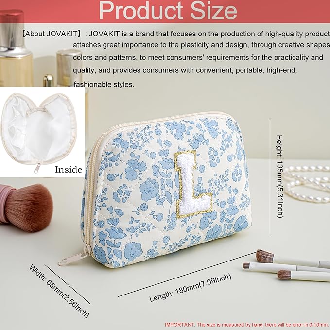 JOVAKIT Conch Alphabet Makeup Bag Cosmetic Bag for Women, Christmas Gifts for Women Girls, Blue Floral Coquette Travel Bag, Zipper Make Up Pouch Organizer Trendy Stuff (Blue Floral L)