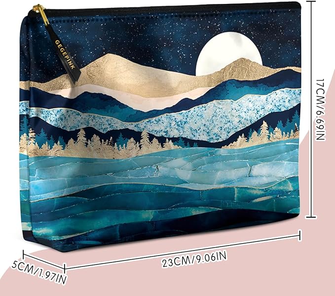 Cute Makeup Bag for Purse Waterproof Cosmetic Bags for Women Funny Smooth Zipper Travel Toiletry Pouch 10X8 Inches-Blue Mountain Moon Lake Makeup pouch