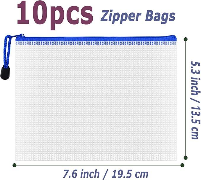 AUSTARK 10 Pcs Zipper File Bags, Waterproof Plastic Mesh Pouch for Office School, Board Game Storage Bags (B6 Size 7.6''x5.3'', White and Blue)