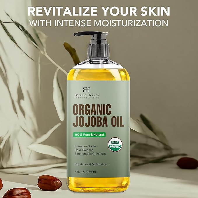 Botanic Hearth Organic Jojoba Oil (Styling Oil, 8 fl oz) | 100% Pure, Cold Pressed & Hexane Free | Ideal for Skin, Hair & Nails