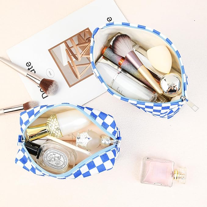 SOIDRAM 2 Pcs Checkered Makeup Bag Large Cosmetic Bag Toiletry Bag Makeup Pouch Travel Bag Organizer Cute Makeup Brushes Aesthetic Accessories Storage Bag for Women Royal Blue