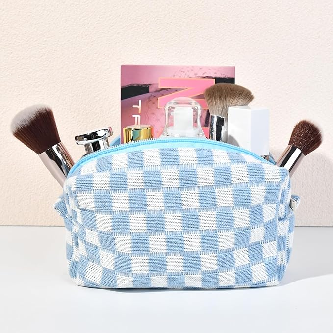 SOIDRAM Checkered Makeup Bag Preppy Cosmetic Bag Bulk Blue Makeup Pouch Personalize Travel Toiletry Bag Organizer Cute DIY Makeup Brushes Storage Bag for Women