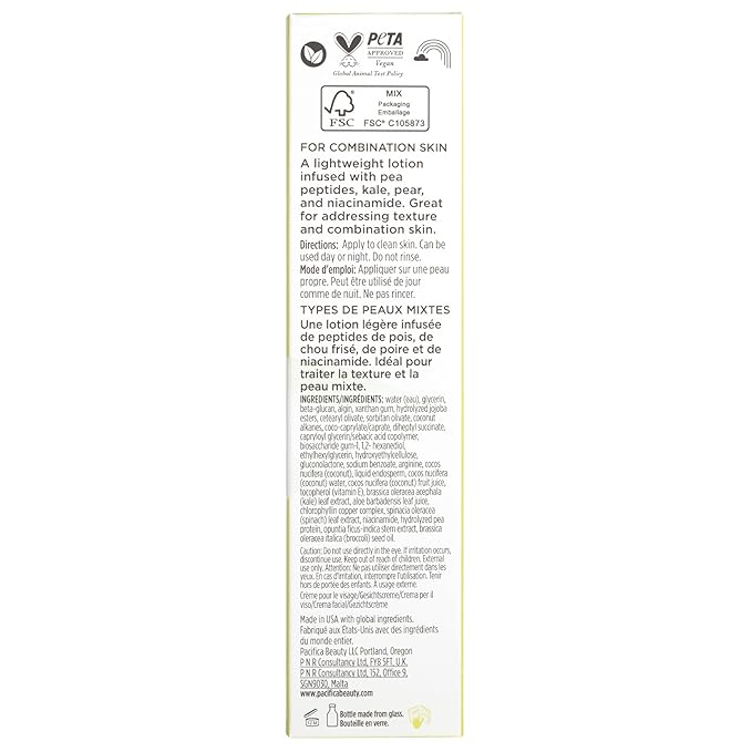Pacifica Kale Smoothie Face Lotion, Refining Skincare, Face Moisturizer, Niacinamide, Vitamin C and E, Minimize Pores, Face Serum, For All Skin Types, Oily, Combination, Vegan, 1.7 fl oz (1 Count