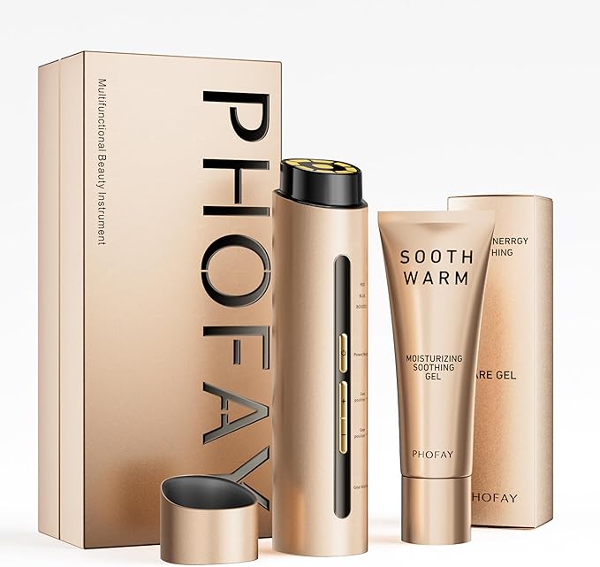 PHOFAY 4-in-1 Facial Device, 1.4oz Matching Gel. Multi Functional Beauty Device, Lifting, Firming, Puffiness Reduction and Promote Absorption & Soothing Care Calm Skin, Youthful Glow (Golden)