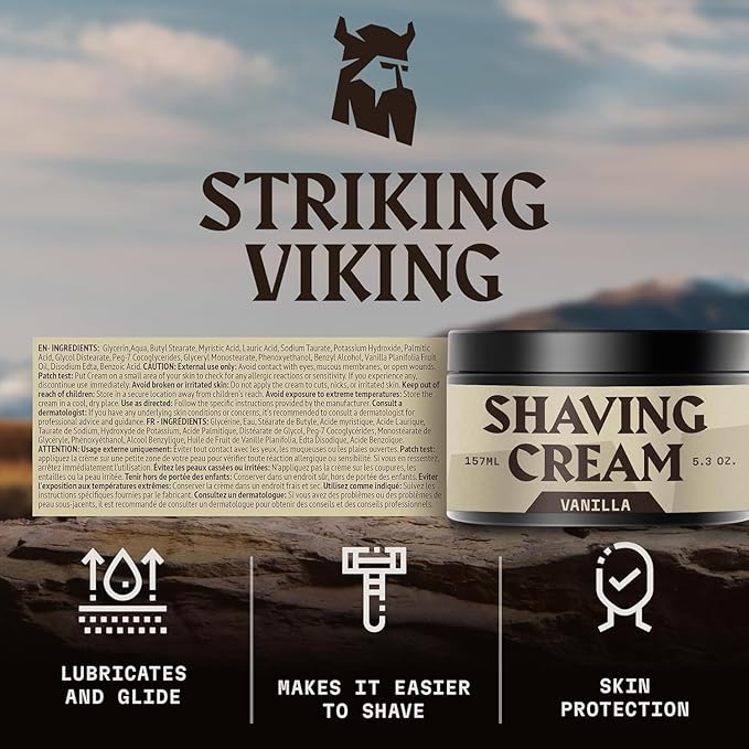 Striking Viking Shaving Cream - 5.3 fl oz, Pack of 1, Vanilla - Barbershop Comfort Vanilla Shaving Cream - Soothes Irritation & Protects Sensitive Skin Lather - Travel Ready Formula