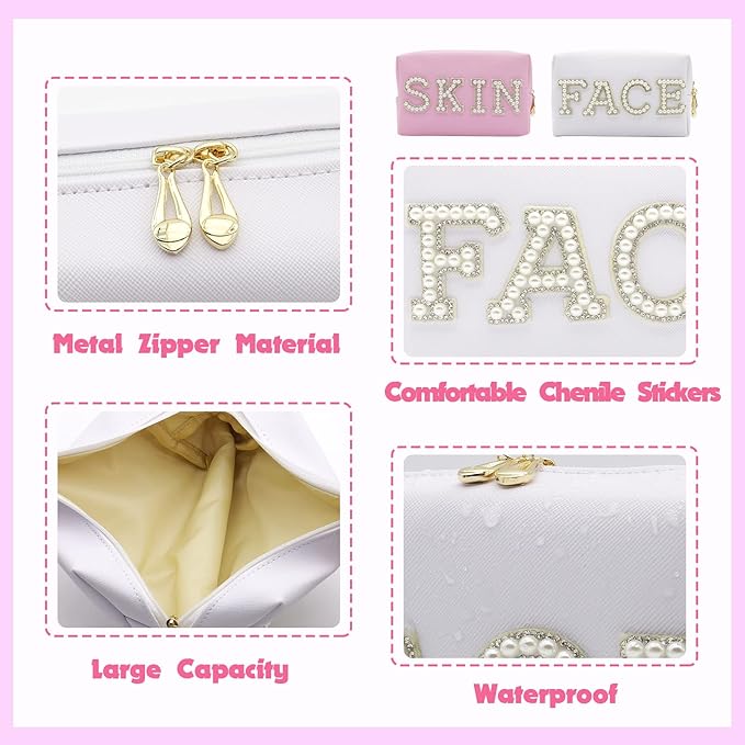 2PCS Preppy makeup bag Pearl letter Cosmetic Double Zipper Waterproof Ladies Storage Purse Care Shower Products Handbag Wash Organizer Leather Portable Girls Travel Accessories