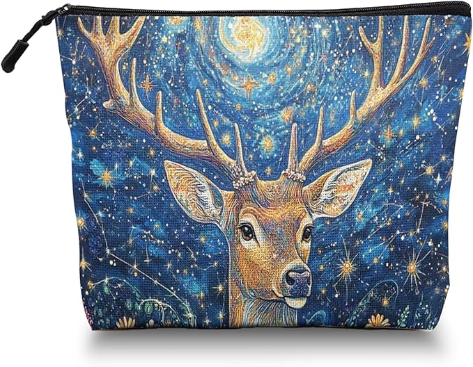 Cosmetic Bags Travel Makeup Toilet Case Waterproof Pouch for Women Girls 6.7X9.45inches - Deer With Large Antlers in A Starry - Floral Scene