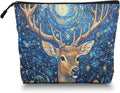 Cosmetic Bags Travel Makeup Toilet Case Waterproof Pouch for Women Girls 6.7X9.45inches - Deer With Large Antlers in A Starry - Floral Scene