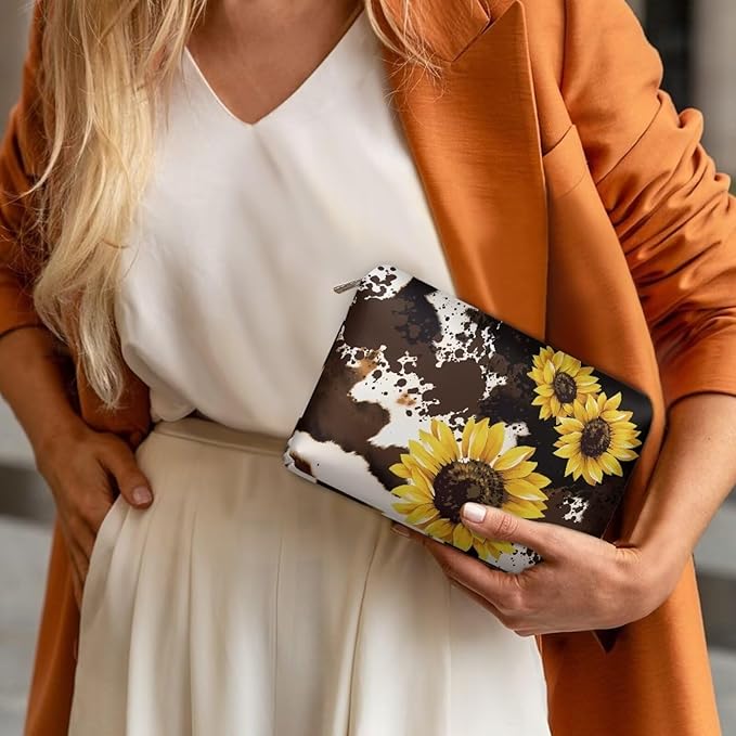 COEQINE Sunflower Cosmetic Bag for Women Leather Soft Cosmetic Bag With Black Cosmetic Purse for Travel Birthday Party Cow Print Cosmetic Purse With Zipper for Ladies Cell Phone Purse