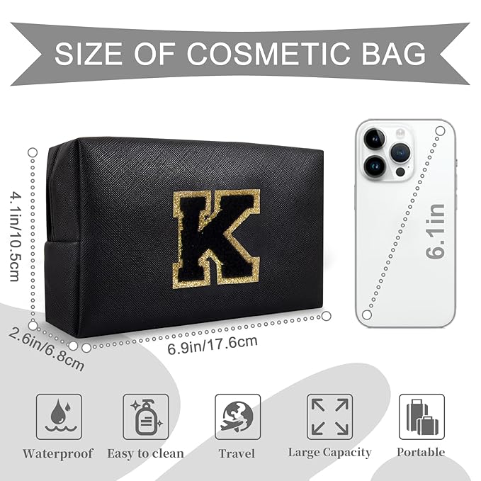 Personalized Initial A-Z Preppy Patch Makeup Bag,Small PU Chenille Letter Cosmetic Bag with Zipper for Teen Girls,Black Cute Toiletry Organizer Bag,Monogram Makeup Case Gift for Women Girls,Letter K