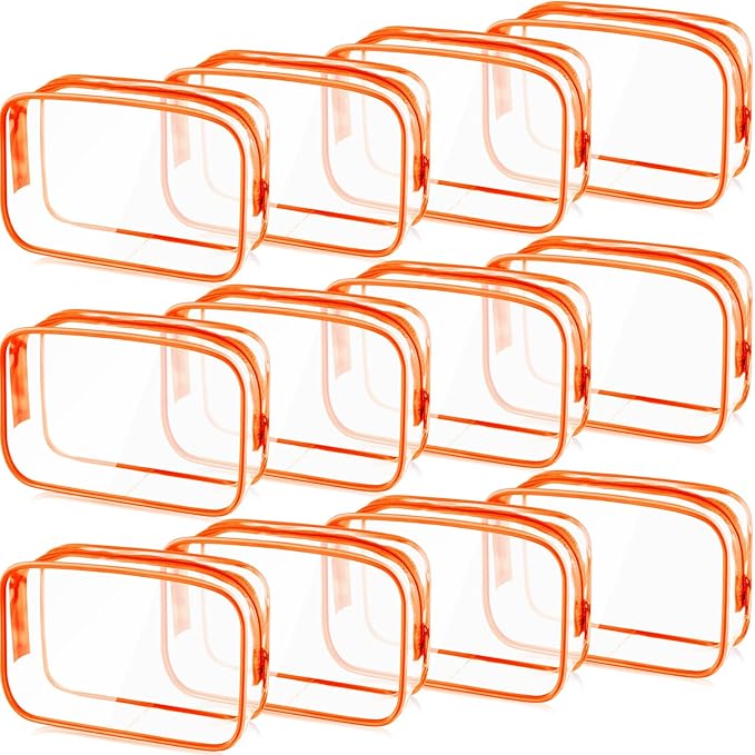 Weewooday 12 Pieces Clear Makeup Bags Cosmetic Storage Bags PVC Zipper Pouches Travel Waterproof Makeup Plastic Case for Women Organizing Toiletries Traveling Bathroom(Large,Orange)