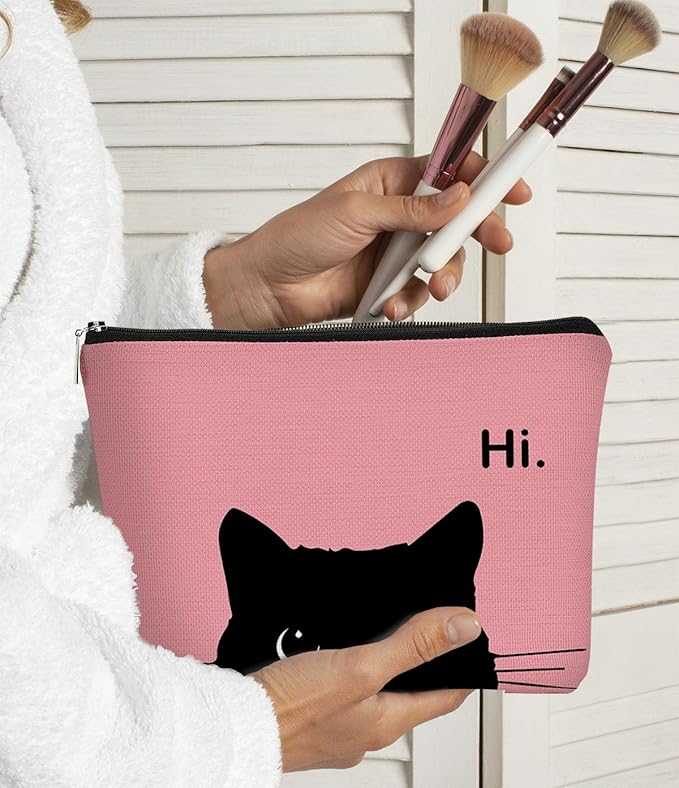 Cute Cat Makeup Bag - Black & Pink, Small Cosmetic Bag for Women & Teen Girls, Birthday Gift for Cat Lovers & Owners