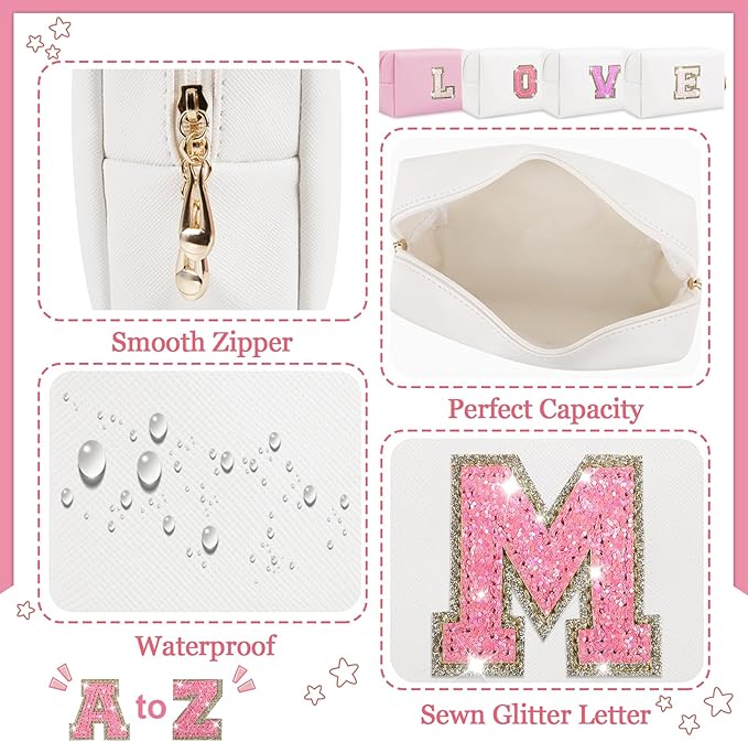 Initial Patch Makeup Bag, Small Preppy A-Z Glitter Cosmetic Bag, PU Leather Waterproof Travel Toiletry Bag, Cute Make Up Pouch Personalized Monogrammed Gift for Women Teen Girls (Letter M)