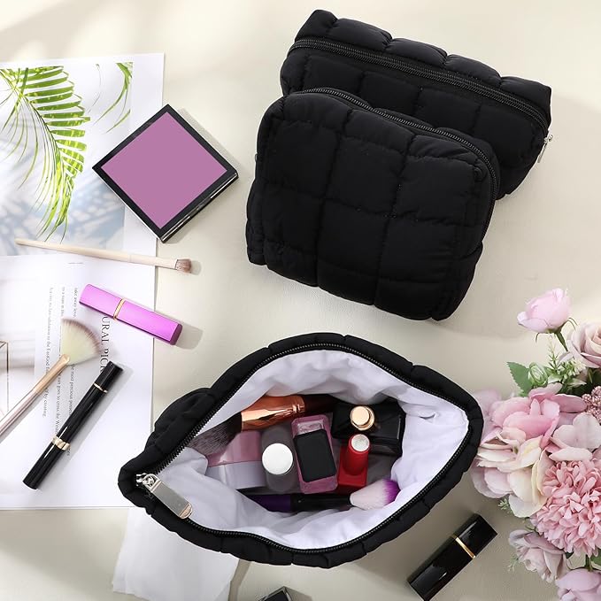 3 Pcs Puffy Makeup Bag Quilted Cosmetic Pouch for Women Cute Checkered Travel Toiletry Bag Puffer Makeup Organizer Purse Pouch Preppy Pencil Case with Zipper