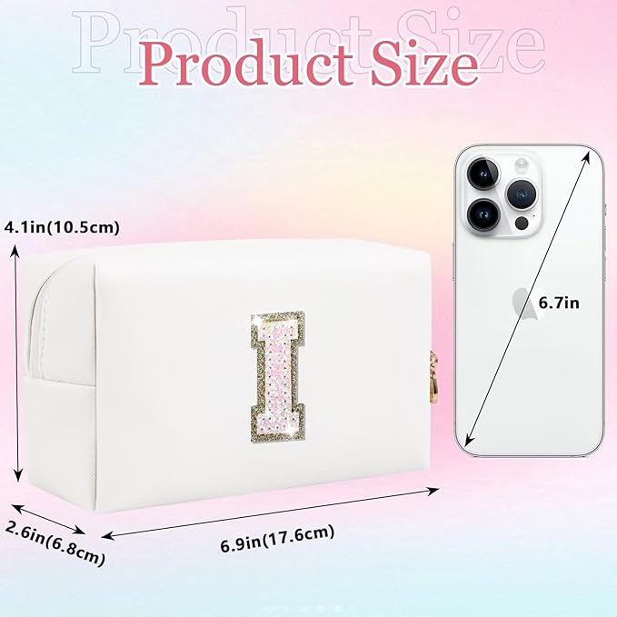 Small Personalized Glitter Initial Letter Makeup Bag, Cute PU Leather Chenille Letters Cosmetic Bag Travel Makeup Pouch, Preppy Travel Organizer Zipper Pouch for Women&Girls（White-I）
