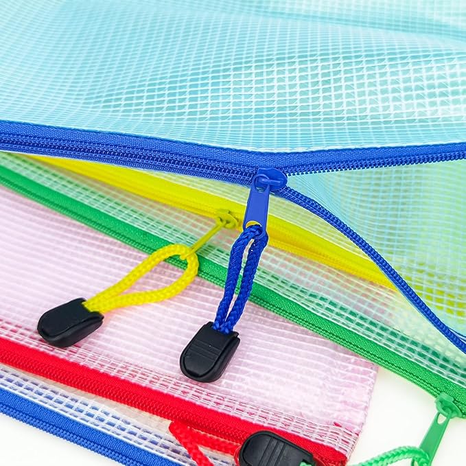AUSTARK 10 Pcs Zipper File Bags, Waterproof Plastic Mesh Pouch for Office School, Board Game Storage Bags (A5 Size 9.2''x6.7'', Multicolored)