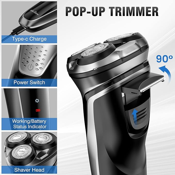 Sejoy Electric Shavers for Men, Mens Electric Razors Cordless, Rechargeable Razor with Pop-up Trimmer, Portable Travel Shavers Waterproof IPX7, 3D Floating Head, USB Charging