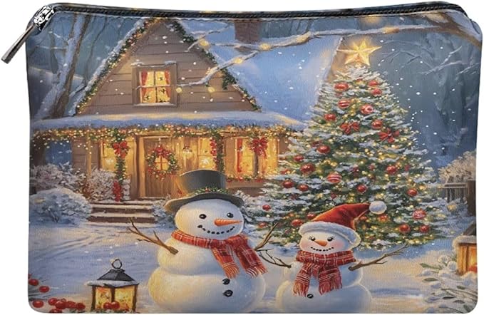 COEQINE Small Make Up Bags for Purses Cute Snowman Christmas Treee Cute Cosmetic Bag for Women Leather Aesthetic Toiletry Bag Waterproof Travel Make Up Organizer Bag