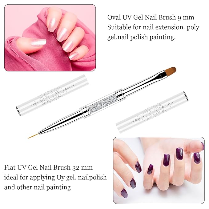 2 Pcs Double Ended Nail Builder Gel Brush, French Tip Brush Hard for Nails, Oval Gels Brushs Liner Brushs Nail Hard Gel for Design Nails Art & DIY Use