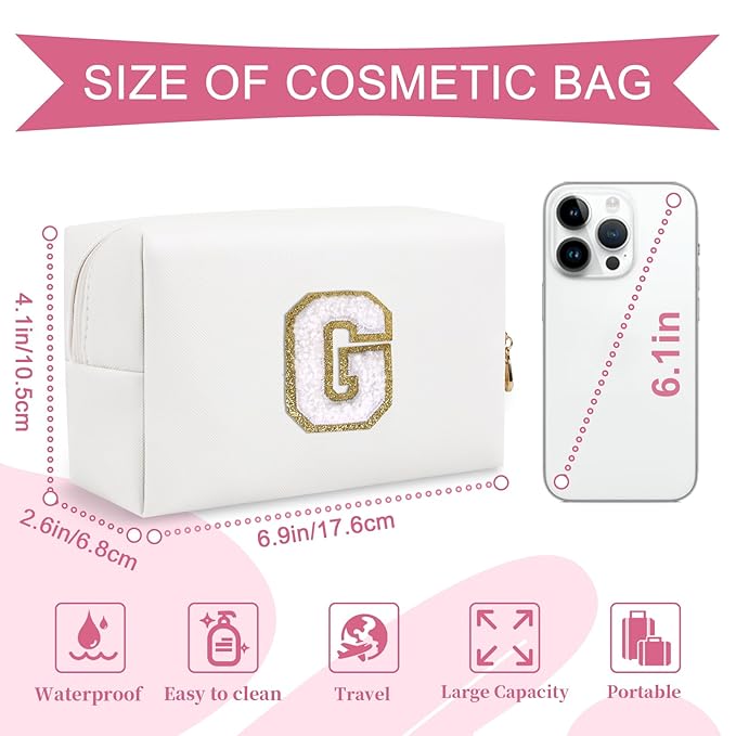 Small Personalized Initial A-Z Preppy Patch Makeup Bag,White PU Chenille Letter Travel Cosmetic Pouch with Zipper,Cute Toiletry Bag,Gift Ideal for Teen Girls Women Teacher Bridesmaid,Letter G