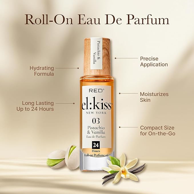 EL:KISS Roll On Perfume, Pistachio & Vanilla Inspired by SDJ 62, Eau de Parfum 12mL (.40 Fl Oz), Hydrating & Long-Lasting, Alcohol-Free & Mineral Oil-Free, With Jojoba, Argan & Coconut Oil
