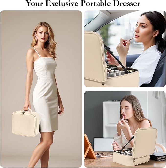 Travel Makeup Bag With LED Mirror,Cosmetic Train Case with 3 Color Setting,Cosmetic Makeup Organizer Bag with Adjustable Dividers,Portable Make up Box with Make up Brushes Holder Storage（Beige）
