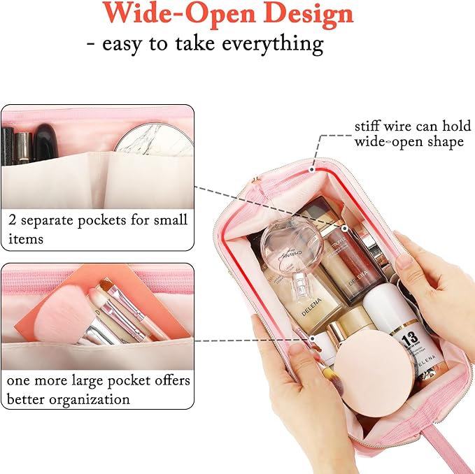 Travel Makeup Bag, Wide-open Cosmetic Bag Make Up Organizer Case with Brushes Pocket for Women, Large Family Toiletry Bag Skincare Pouch for Toiletries Accessories