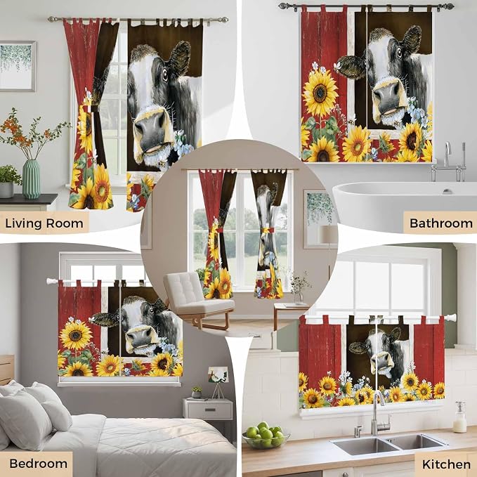 Cows Sunflowers Bedroom Curtains 63 Inch Length, Window Curtains Tab Top - Image 7