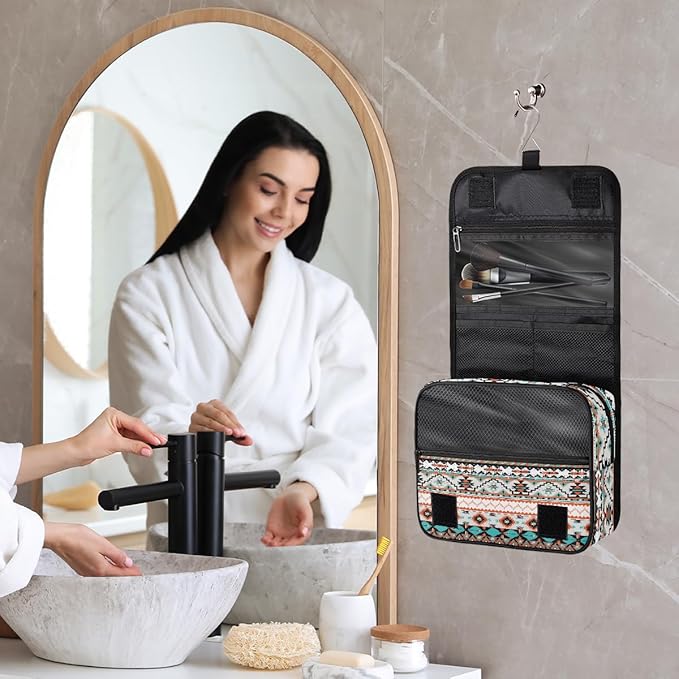 Travel Toiletry Bag for Women & Men Aztec Western Ethnic Hanging Cosmetic Organizer Portable Waterproof Makeup Case Make Up Bag with Compartments Travel Essentials for Bathroom Shower