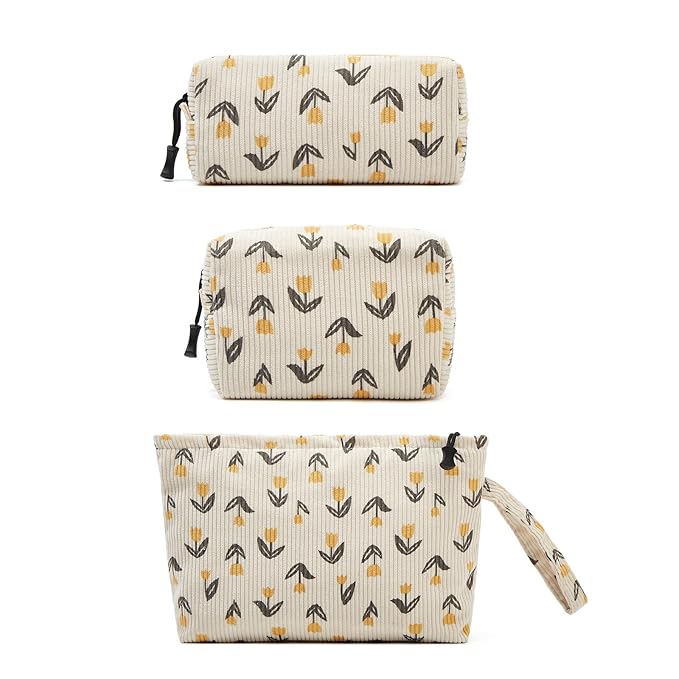 Makeup bag set small Cosmetic bag for women purse Corduroy Organizer with interior Pockets,cute Pencil zipper Pouch travel Toiletry Bag with handle(Tulip Yellow)